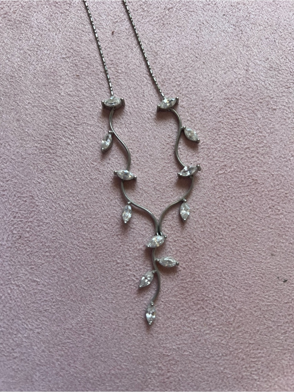 Silver-tone Leaf Cascade Necklace with Clear Rhinestones